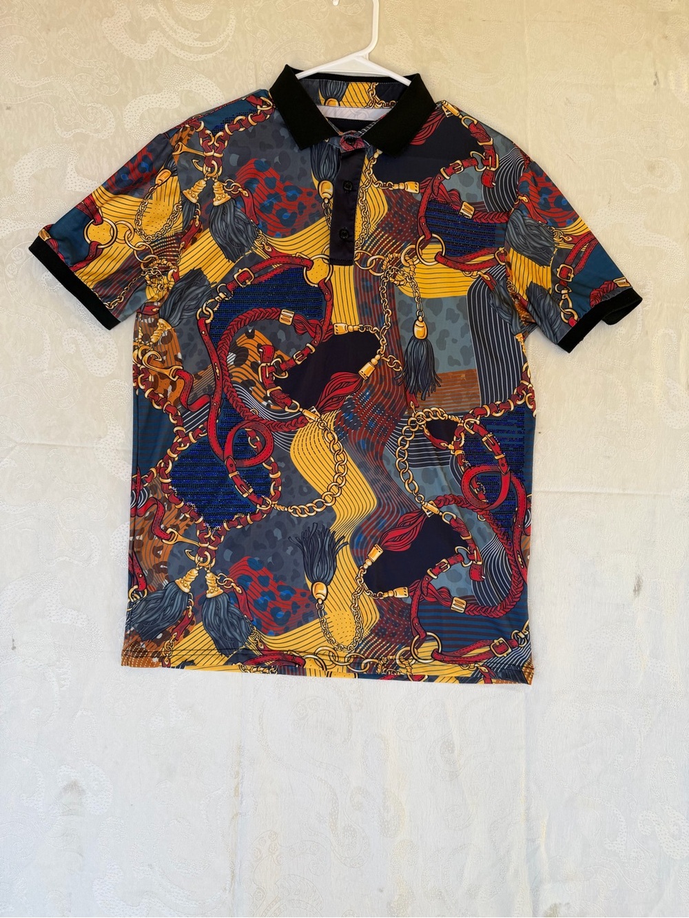 Platini Men's Multicolor Chain-Print Polo with Black Collar